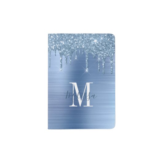 Monogrammed Blue Glitter Drip Brushed Metallic Passport Holder (Front)