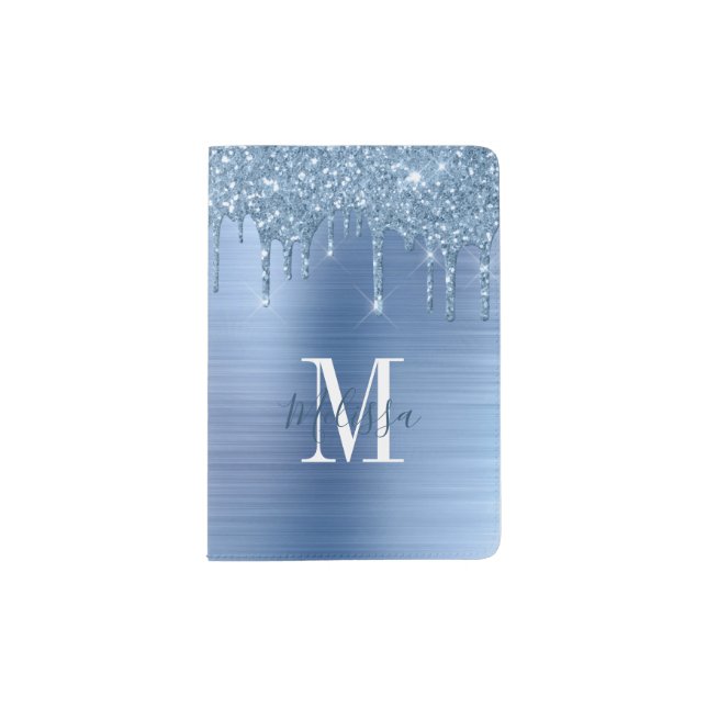 Monogrammed Blue Glitter Drip Brushed Metallic Passport Holder (Front)