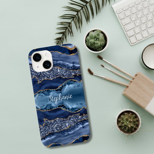 Monogrammed Blue Gold Agate Marble Glitter Case_Mate iPhone 14 Case