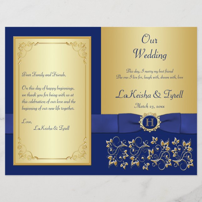 Monogrammed Blue, Gold Floral Wedding Program (Front)