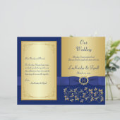 Monogrammed Blue, Gold Floral Wedding Program (Standing Front)