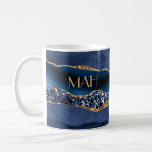 Monogrammed Blue Gold Glitter Agate Marble Trendy Coffee Mug