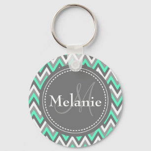 Monogrammed Blue & Gray Chevron Pattern Keychain