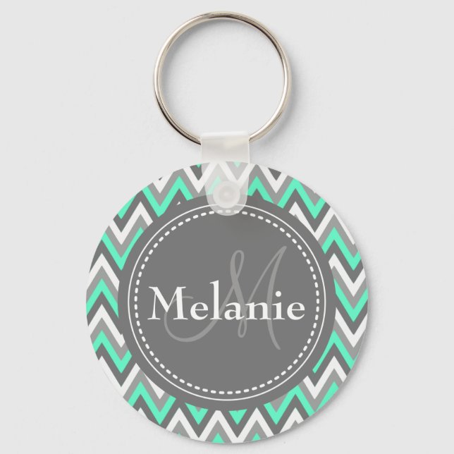 Monogrammed Blue & Gray Chevron Pattern Keychain (Front)
