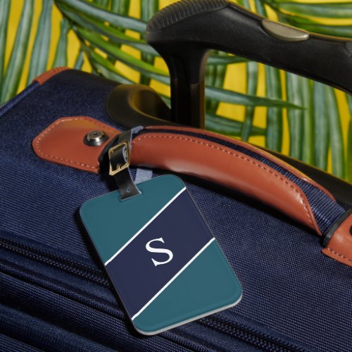 Monogrammed Blue Green and Navy Geometric Stripe Luggage Tag