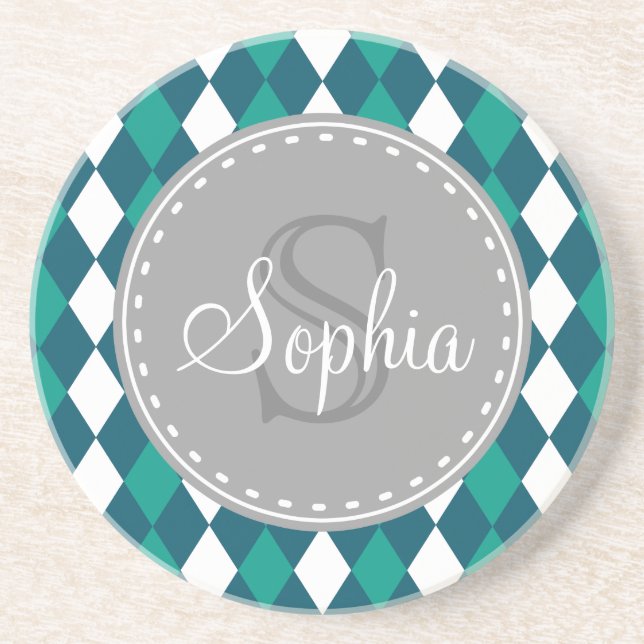 Monogrammed Blue Green Diamdons Pattern Drink Coaster (Front)