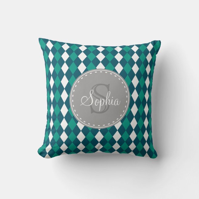 Monogrammed Blue Green Diamdons Pattern Throw Pillow (Front)
