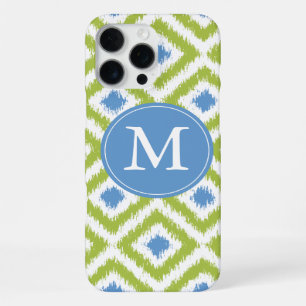 Monogrammed Blue Green Diamond Ikat Pattern iPhone 16 Pro Max Case