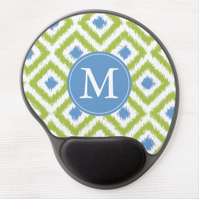 Monogrammed Blue Green Ikat Pattern Gel Mouse Pad (Front)