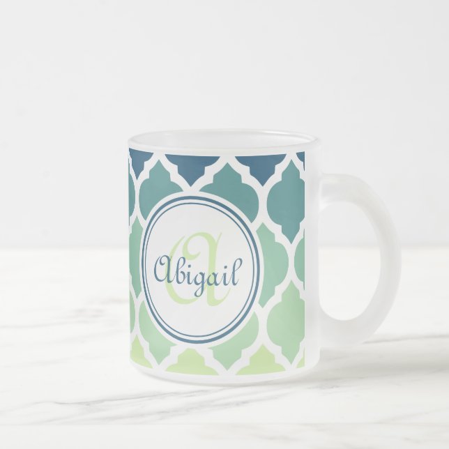 Monogrammed Blue Green Moroccan Lattice Pattern Frosted Glass Coffee Mug (Right)
