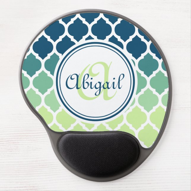 Monogrammed Blue Green Moroccan Lattice Pattern Gel Mouse Pad (Front)
