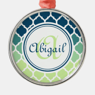 Monogrammed Blue Green Moroccan Lattice Pattern Metal Ornament