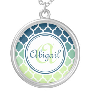 Monogrammed Blue Green Moroccan Lattice Pattern Silver Plated Necklace
