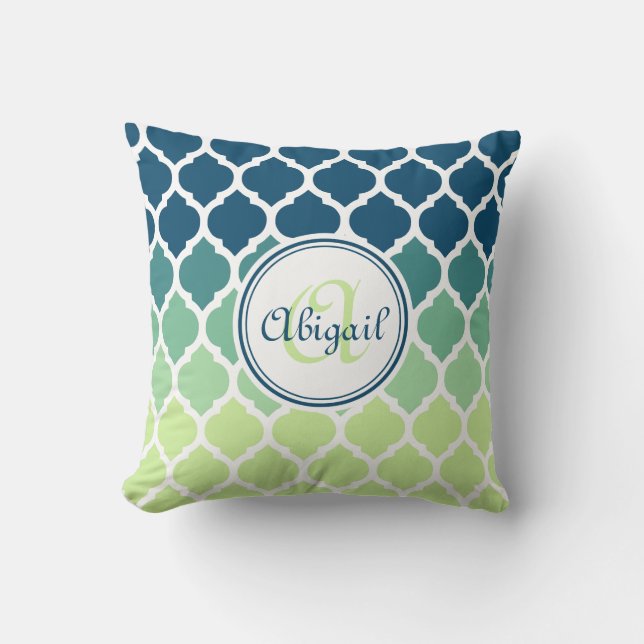 Monogrammed Blue Green Moroccan Lattice Pattern Throw Pillow (Front)
