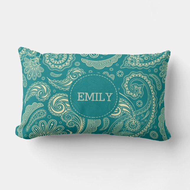 Monogrammed Blue Green Paisley Pattern Lumbar Pillow (Front)