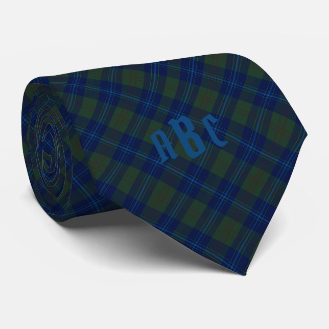 Monogrammed Blue & Green Plaid Neck Tie (Rolled)