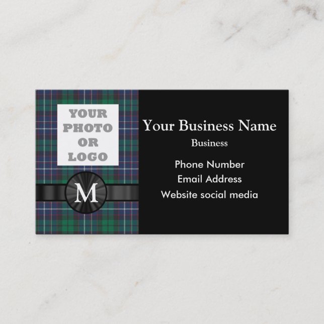 Monogrammed blue green tartan plaid and logo business card (Front)