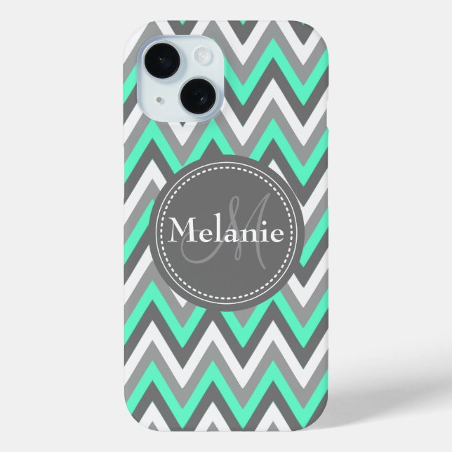 Monogrammed Blue & Grey Chevron Pattern Case-Mate iPhone Case (Back)
