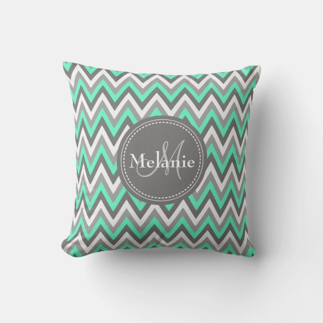 Monogrammed Blue & Grey Chevron Pattern Throw Pillow (Front)