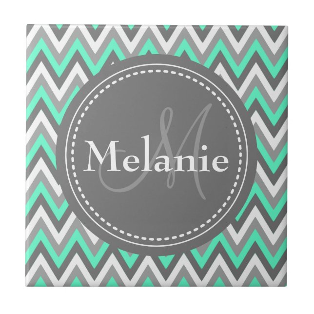 Monogrammed Blue & Grey Chevron Pattern Tile (Front)