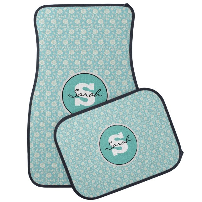 Monogrammed Blue / Grey Floral Pattern, Flowers Car Floor Mat (Set)