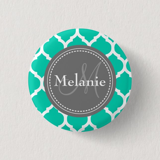 Monogrammed Blue & Grey Quatrefoil Pinback Button (Front)