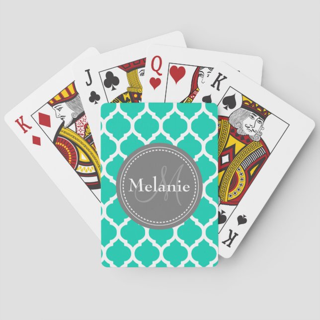 Monogrammed Blue & Grey Quatrefoil Poker Cards (Back)