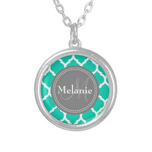 Monogrammed Blue & Grey Quatrefoil Silver Plated Necklace