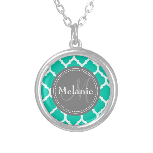 Monogrammed Blue & Grey Quatrefoil Silver Plated Necklace (Front)