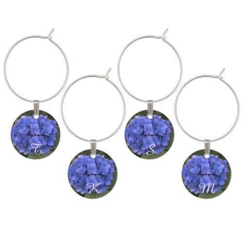 Monogrammed Blue Hydrangea Floral Wine Charms