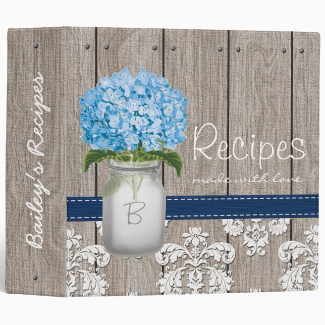 Monogrammed Blue Hydrangea Recipe 3 Ring Binder (Front/Spine)