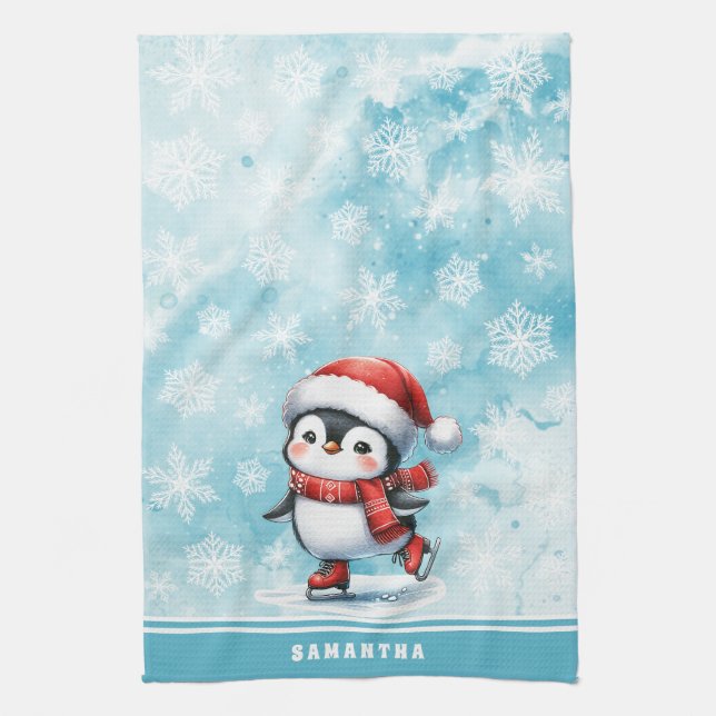 Monogrammed Blue Ice Skating Penguin Christmas Kitchen Towel (Vertical)