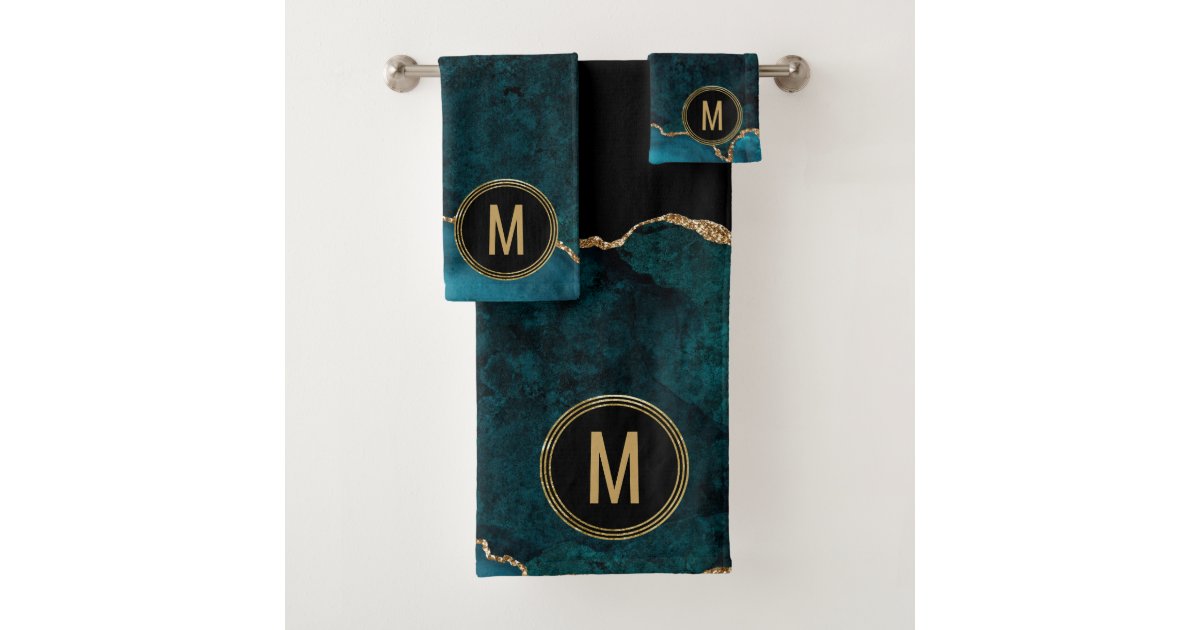 Monogrammed Blue Marble Geode Agate Gold Glitter Bath Towel Set Zazzle