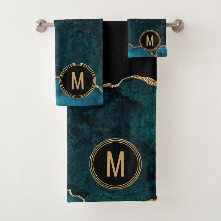 Monogrammed Blue Marble Geode Agate Gold Glitter Bath Towel Set Zazzle