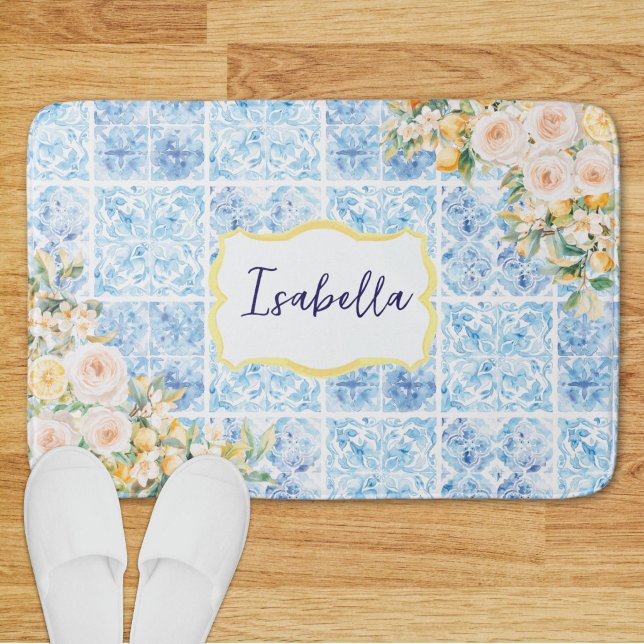 Monogrammed Blue Mediterranean Tiles Flower Lemon Bath Mat (Creator Uploaded)
