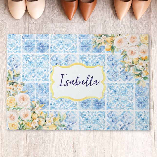 Monogrammed Blue Mediterranean Tiles Flower Lemon Doormat (Creator Uploaded)