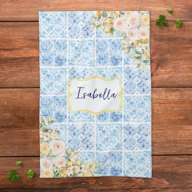 Monogrammed Blue Mediterranean Tiles Flower Lemon Kitchen Towel (Creator Uploaded)