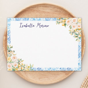 Monogrammed Blue Mediterranean Tiles Flower Lemon Note Card