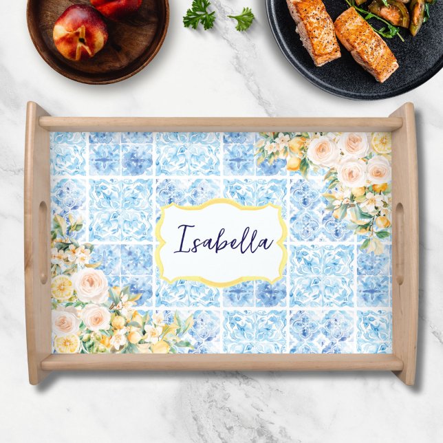Monogrammed Blue Mediterranean Tiles Flower Lemon Serving Tray (Creator Uploaded)