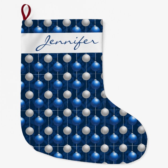 Monogrammed Blue n White Merry Christmas Ornaments Large Christmas Stocking (Front)