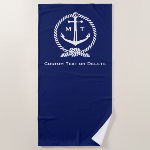 Monogrammed Blue Nautical Anchor Rope Custom Text Beach Towel