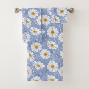 Monogrammed Blue, Orange Flower on Blue Background Bath Towel Set