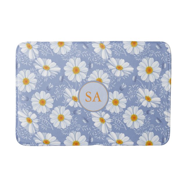 Monogrammed Blue, Orange Flower on Blue Background Bathroom Mat (Front)