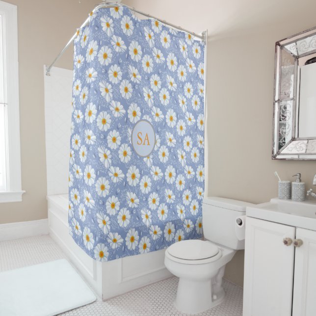 Monogrammed Blue, Orange Flower on Blue Background Shower Curtain (In Situ)