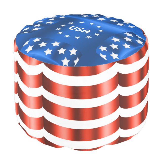 Monogrammed Blue Patriotic USA Flag Round Pouf (Angled Back)