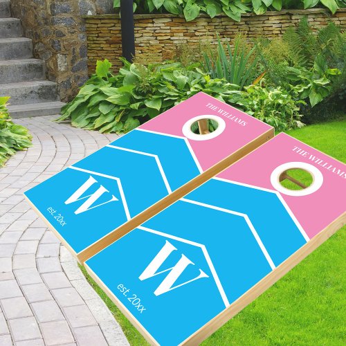 Monogrammed Blue Pink Chevron Striped Color Block Cornhole Set