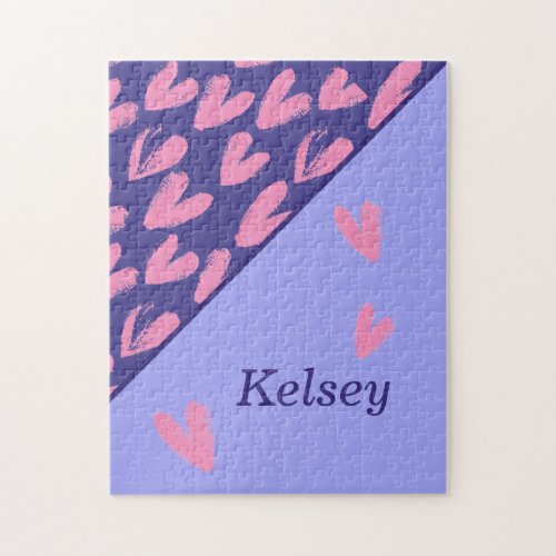 Monogrammed Blue Pink Heart Pattern Cute Girly Jigsaw Puzzle