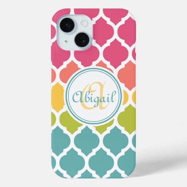 Monogrammed Blue Pink Moroccan Lattice Pattern Case-Mate iPhone Case (Back)