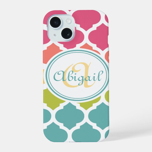 Monogrammed Blue Pink Moroccan Lattice Pattern Iphone Case (Back)