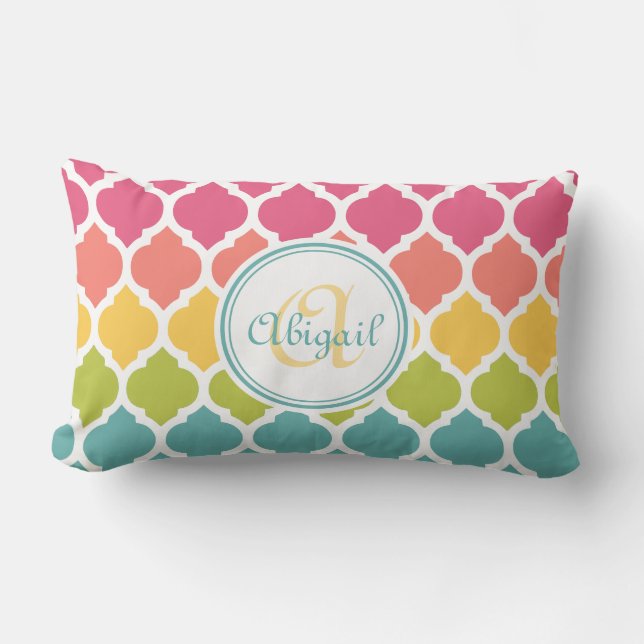 Monogrammed Blue Pink Moroccan Lattice Pattern Lumbar Pillow (Front)